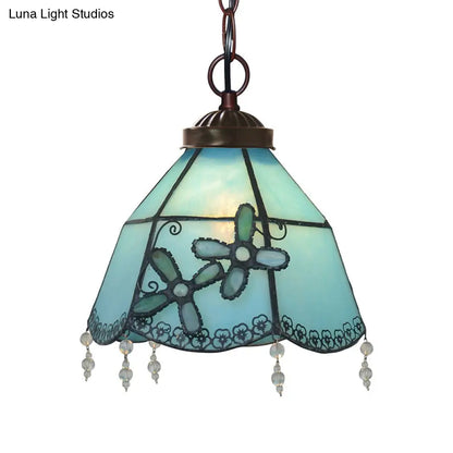 Blue Glass Pendant Lamp with Beaded Trim - Mission Bell Hanging Pendant Light