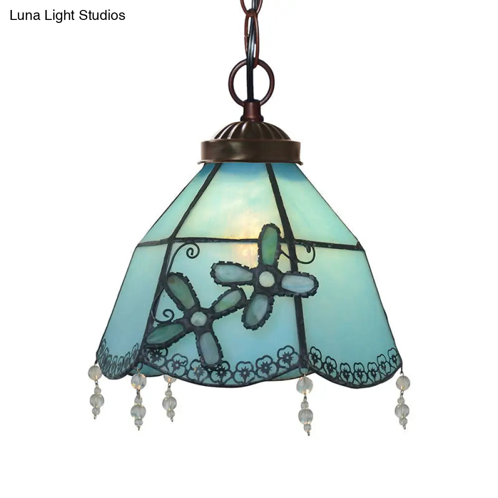 Blue Glass Pendant Lamp with Beaded Trim - Mission Bell Hanging Pendant Light