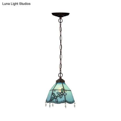 Blue Glass Pendant Lamp with Beaded Trim - Mission Bell Hanging Pendant Light