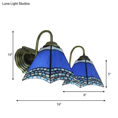 Blue Glass Pyramid Wall Light with Mediterranean Charm and 2 Bronze Sconce Heads