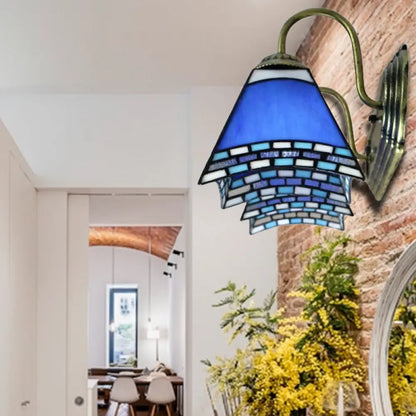 Blue Glass Pyramid Wall Light with Mediterranean Charm and 2 Bronze Sconce Heads