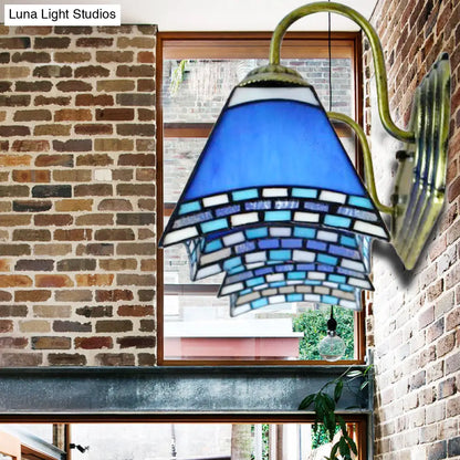 Blue Glass Pyramid Wall Light with Mediterranean Charm and 2 Bronze Sconce Heads