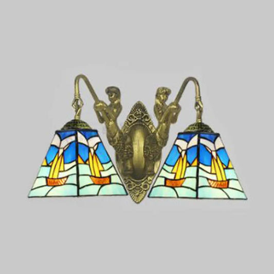 Blue Glass Sailboat Wall Sconce Light Fixture - 2 Heads, Mediterranean Style