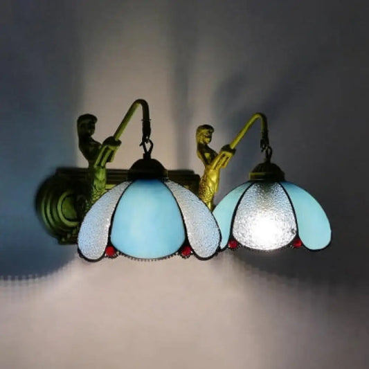 Blue Glass Sconce Light with Mermaid Backplate - 2-Head Petal Wall Mount, Mediterranean Style