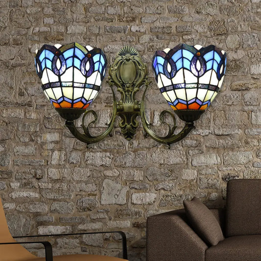 Blue Glass Shade Baroque Dome Wall Lamp: Curved Arm with 2 Lights, Ideal for Bedroom Sconce Lighting