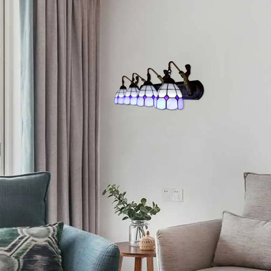 Blue Glass Wall Sconce Light with Mediterranean Grid Pattern - 4 Heads, Wall Mounted Fixture