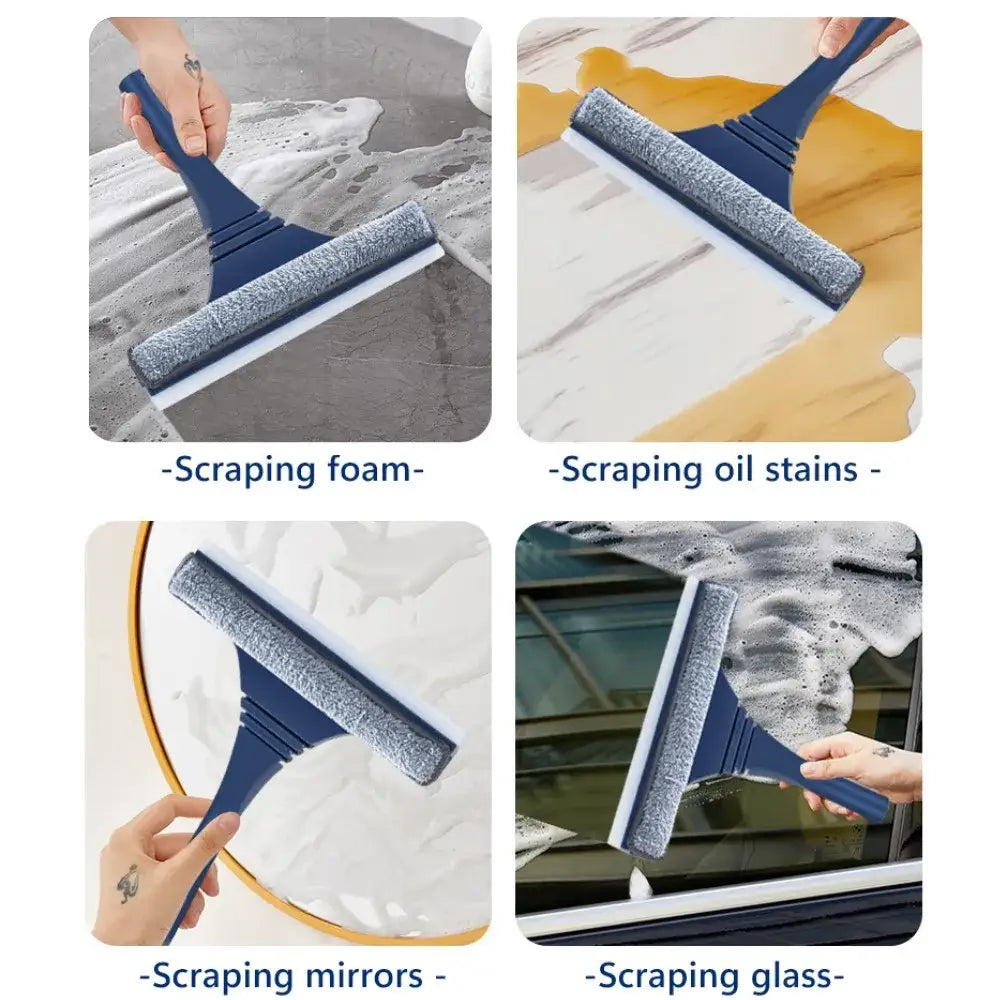 Blue plastic glass wiper and screen brush with gray foam scrubbing surface for window cleaner in living room use