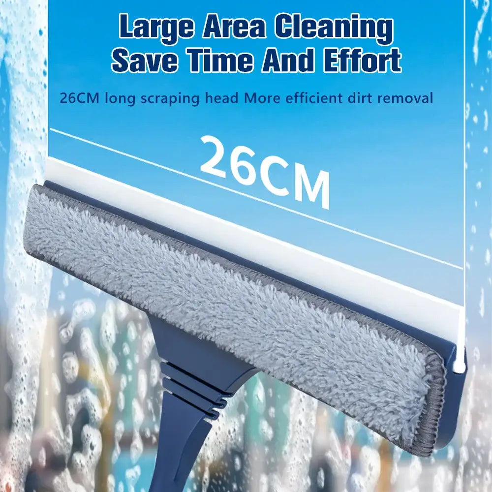 Blue glass wiper and screen brush with blue handle and 26cm gray microfiber head for efficient window cleaner