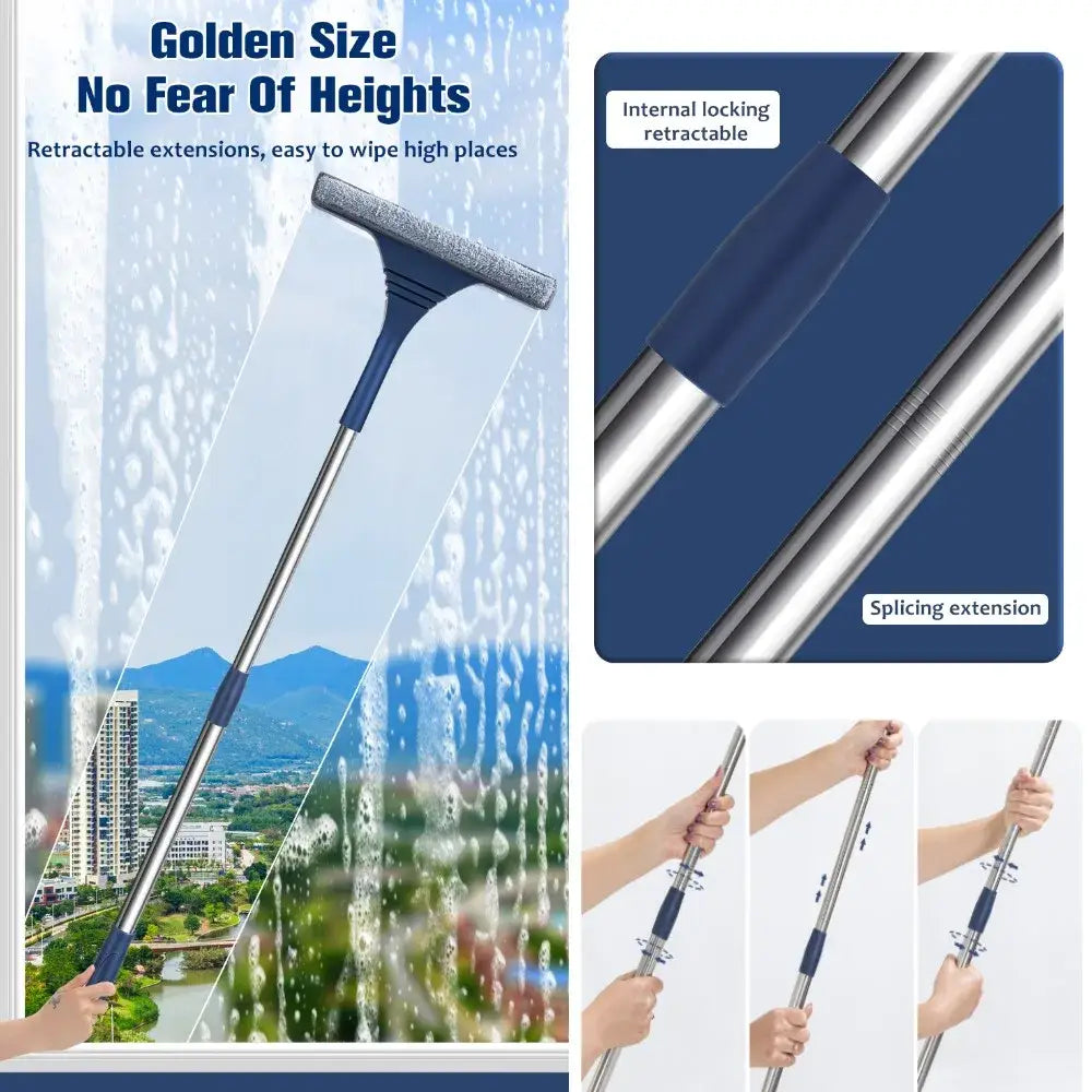 Silver and blue retractable glass wiper and screen brush window cleaner with textured head for high-place use