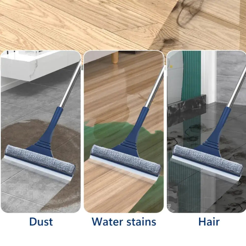 Blue glass wiper and screen brush window cleaner with blue handle gray rubber blade and silver metal handle for living room use