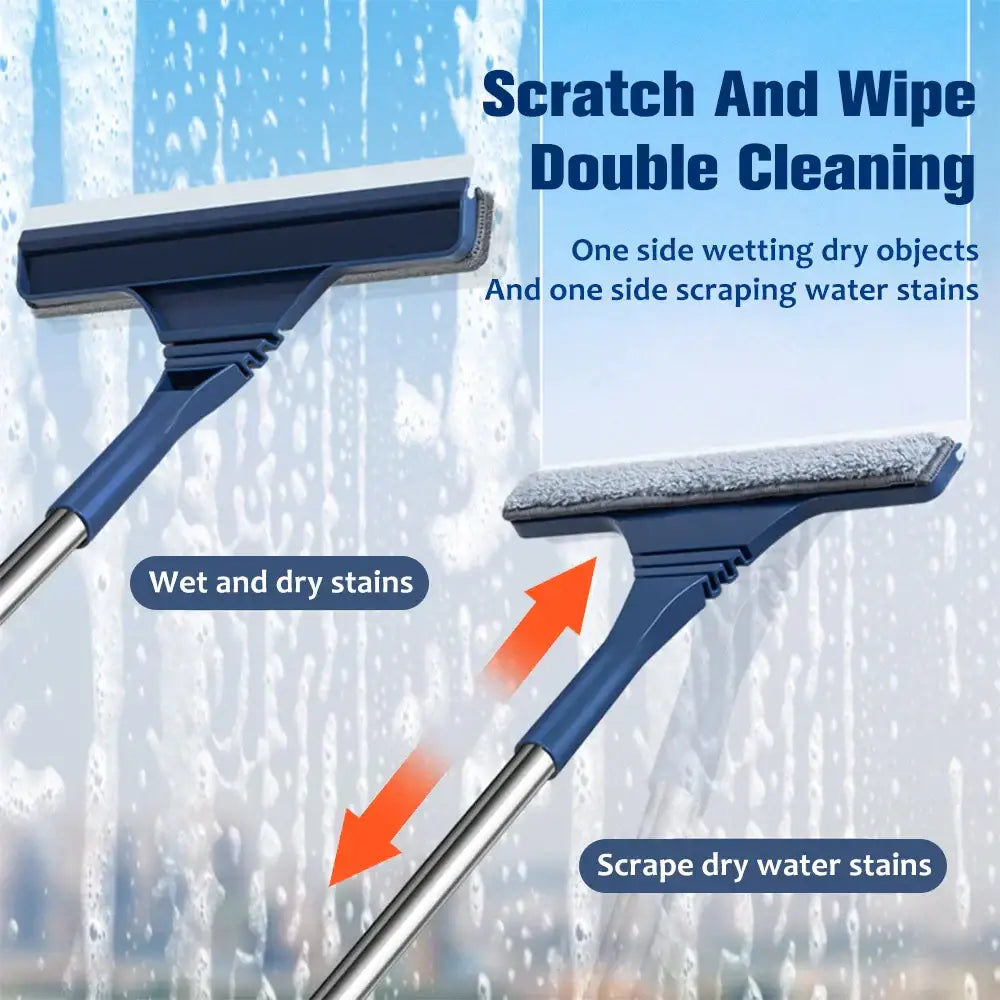 Blue and silver dual sided glass wiper and screen brush window cleaner with textured rubber edge for living room use