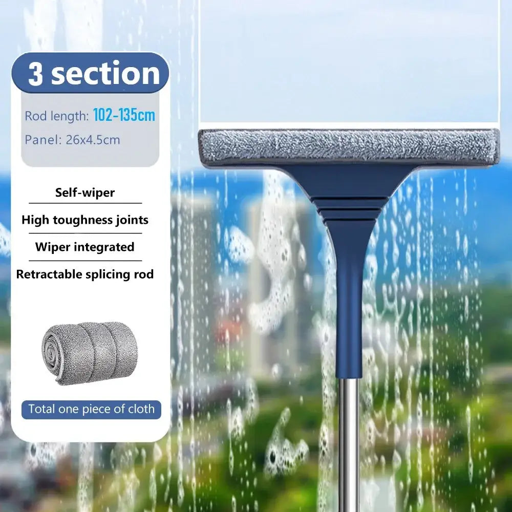 Blue glass wiper and screen brush window cleaner with blue handles, three sections, retractable rod, and microfiber cloth