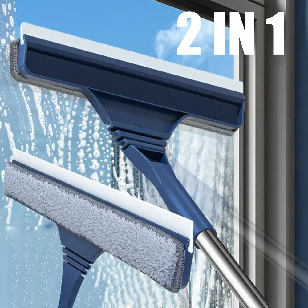 Blue plastic and metal 2-in-1 glass wiper and screen brush window cleaner with soft microfiber sponge head for living room