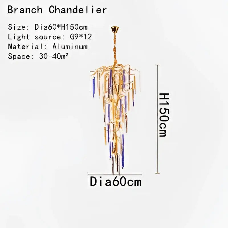 Gold-toned aluminum branch decorbites crystal pendant chandelier with cascading purple and clear crystal droplets for stairwell