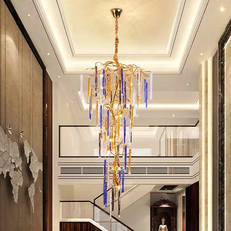 Blue and gold crystal pendant chandelier with golden branch frame and blue clear glass rods for stairwell decorbites crystal pendant