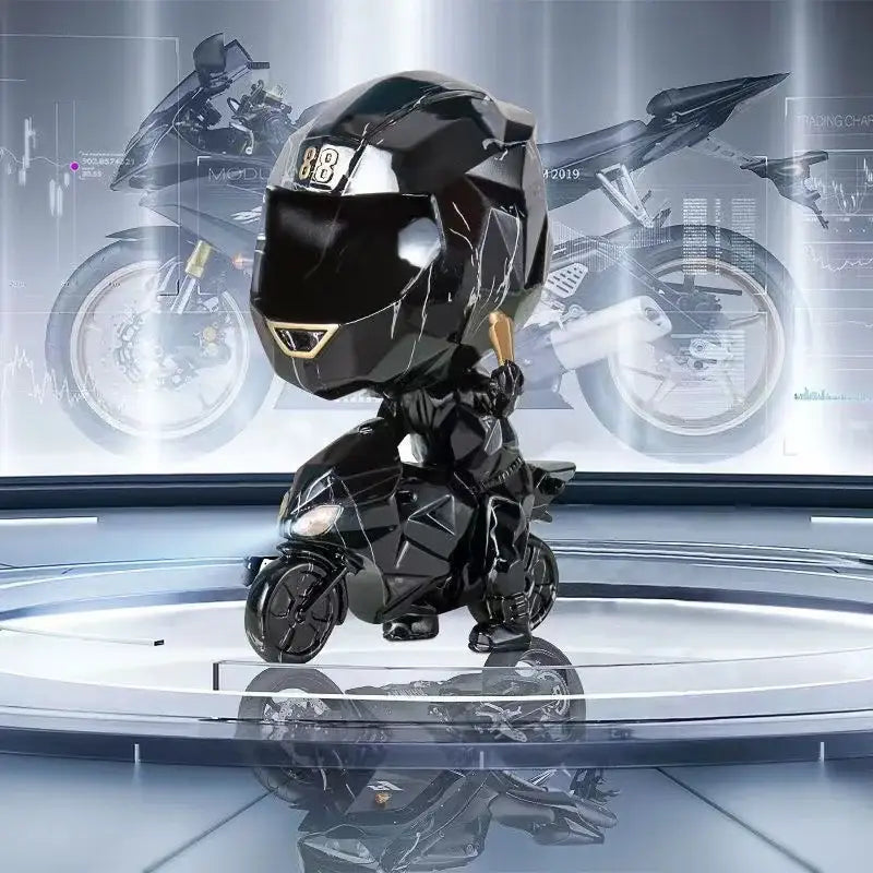 Black glossy chibi-style motorcycle rider figurine with gold accents and helmet 88 on blue and gold marble decorbites decorative key storage display