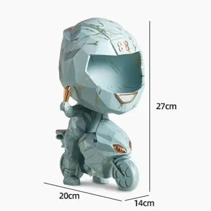 Stylized light blue motorcycle rider figurine with geometric design and gold accents for decorative key storage decorbites