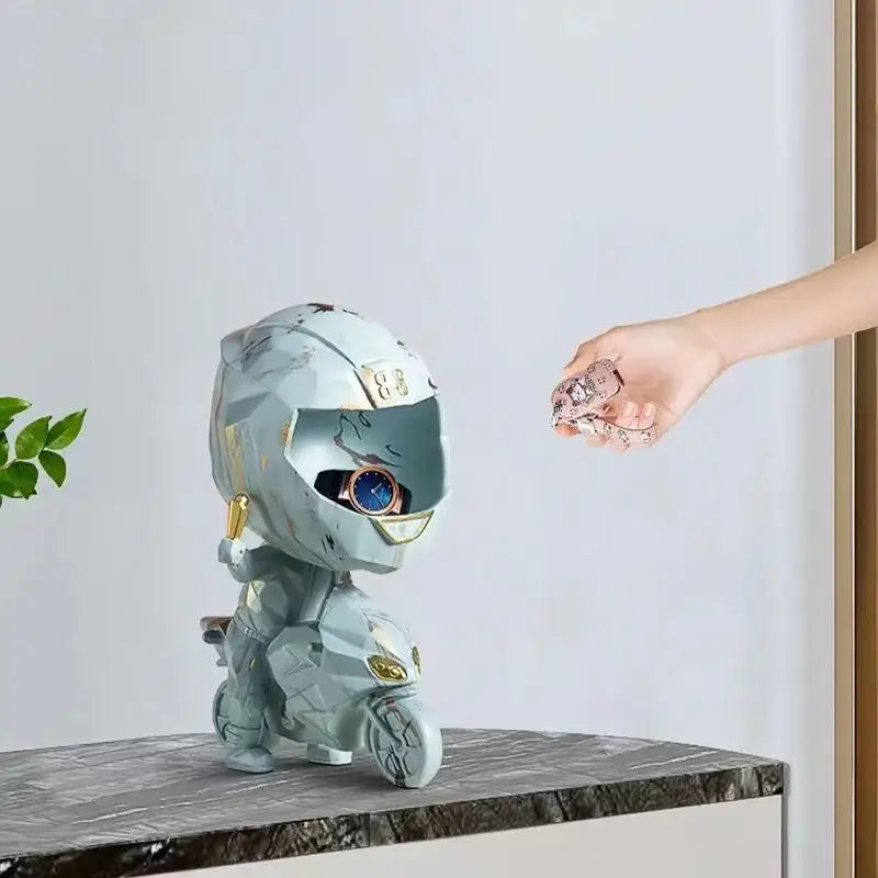 A stylized light gray and gold motorcycle-themed geometric figurine for decorative key storage and decorbites decor