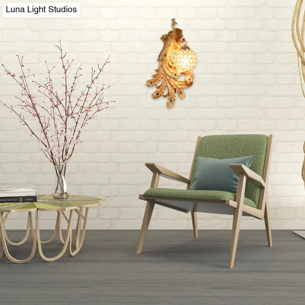 Lámpara de pared DecorBites™ Azul/Dorado Pavo Real - Aplique de resina estilo rústico con pantalla de globo de cristal (Paquete de 1/2)