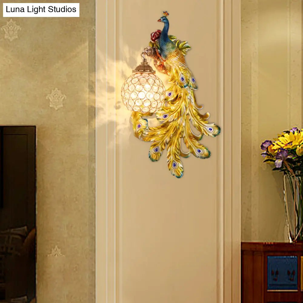 Lámpara de pared DecorBites™ Azul/Dorado Pavo Real - Aplique de resina estilo rústico con pantalla de globo de cristal (Paquete de 1/2)