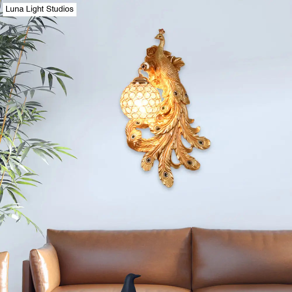Lámpara de pared DecorBites™ Azul/Dorado Pavo Real - Aplique de resina estilo rústico con pantalla de globo de cristal (Paquete de 1/2)