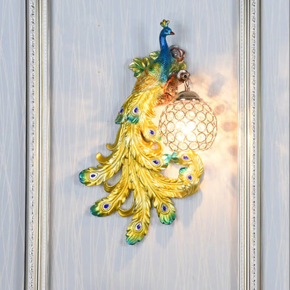 Lámpara de pared DecorBites™ Azul/Dorado Pavo Real - Aplique de resina estilo rústico con pantalla de globo de cristal (Paquete de 1/2)