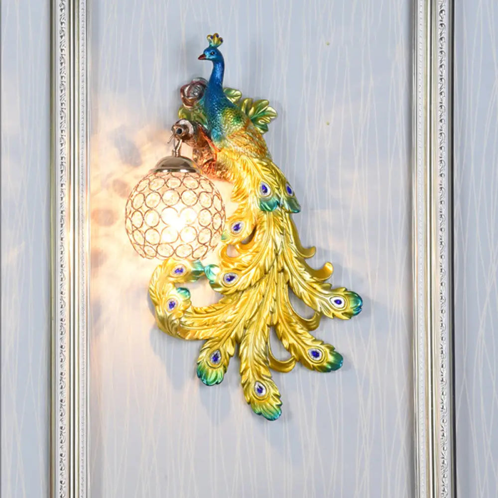 Lámpara de pared DecorBites™ Azul/Dorado Pavo Real - Aplique de resina estilo rústico con pantalla de globo de cristal (Paquete de 1/2)