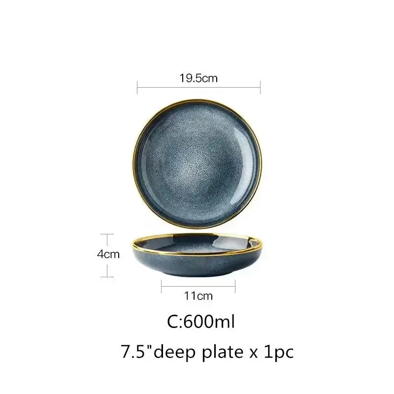 A sleek ceramic plate from the blue gradient ceramic plate set with dark gray glaze and gold rim for elegant dining