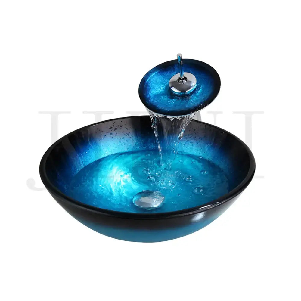 Blue gradient tempered glass basin sink set with a waterfall chrome faucet for modern bathroom use
