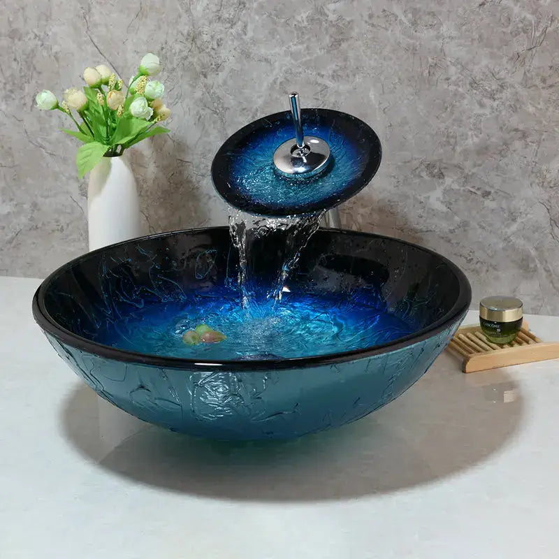 Blue gradient tempered glass basin sink set with matching waterfall faucet for bathroom use in blue glass basin sink set