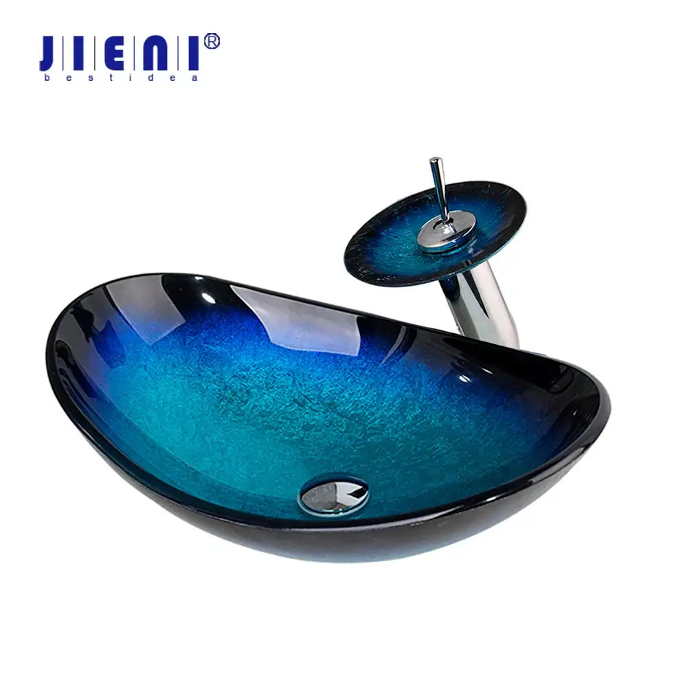 Blue gradient tempered glass basin sink set with matching waterfall faucet for modern bathroom use