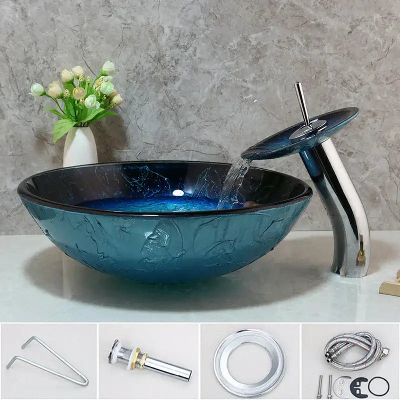 Blue gradient tempered glass basin sink set with chrome waterfall faucet for stylish bathroom use