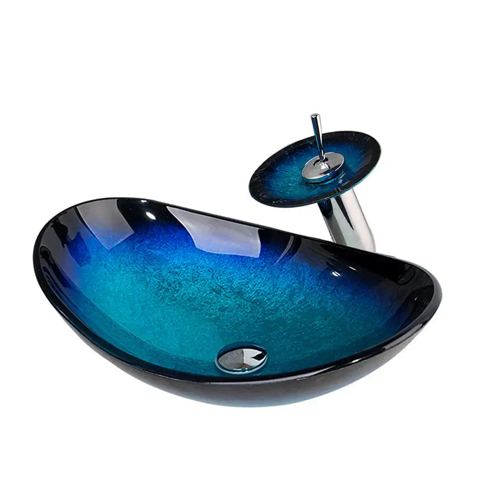 Blue gradient tempered glass basin sink set with matching waterfall faucet for bathroom sink set use