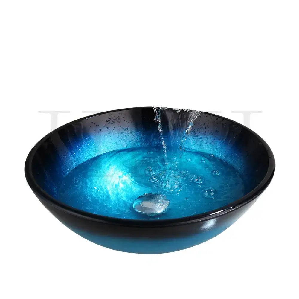 Glossy blue and black gradient tempered glass basin sink set with waterfall faucet for bathroom use