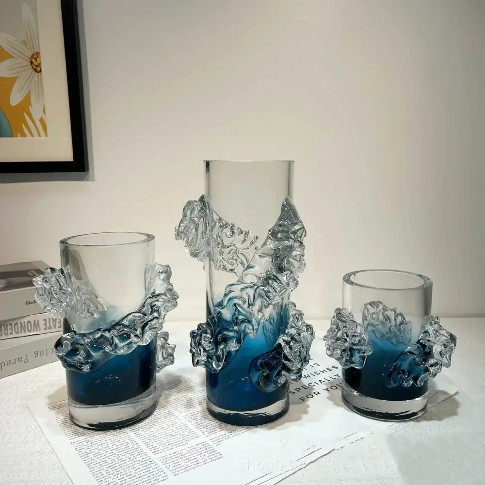 Set of three glass vases with blue gradient wavy sculpted embellishments for living room floral decor