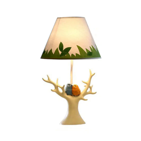 Blue Grass Desk Light: Rustic Resin Lamp for Kids' Bedroom - Bird & Tree Design - 1-Bulb Desk Lamp