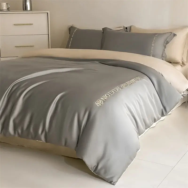 Gray satin duvet cover with subtle white embroidery from decorbites cotton solid color bedding set for bedroom use