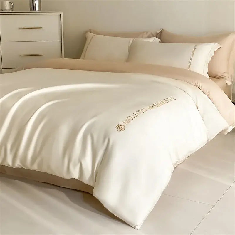 Cream-colored satin duvet cover with gold rose logo embroidery from decorbites cotton solid color bedding set