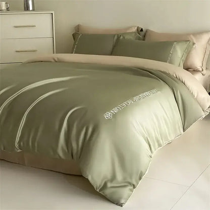 Silk-like sage green duvet cover with subtle white embroidery in blue gray cotton solid color bedding set decorbites cotton solid