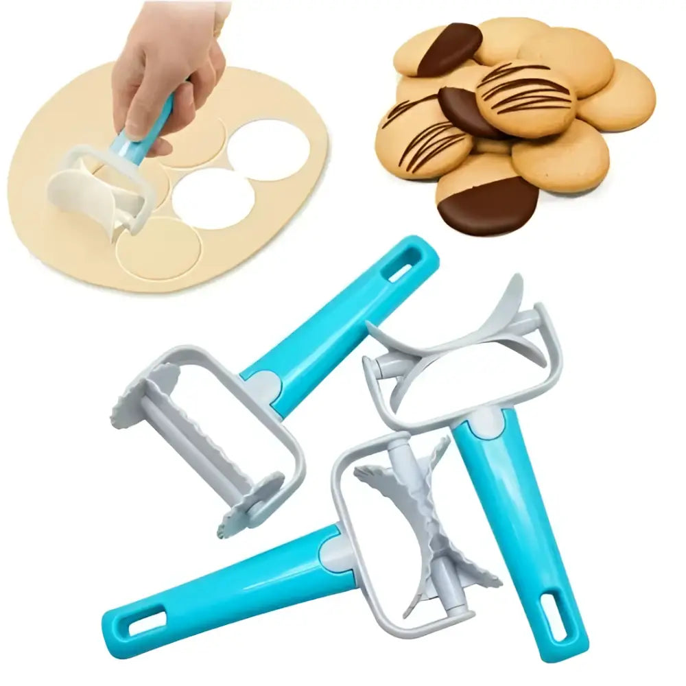 Set of blue and gray plastic dough cutter dumpling maker tools with blue handles and white blades for circular dough cutting