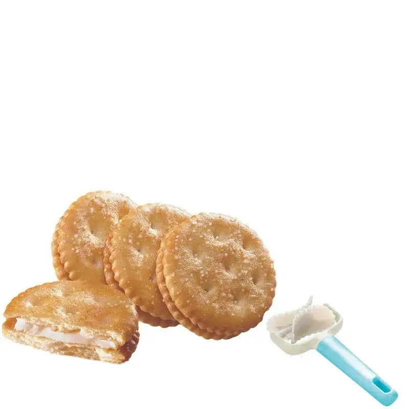 Blue and gray plastic dough cutter dumpling maker set with golden round salted crackers and creamy white filling displayed