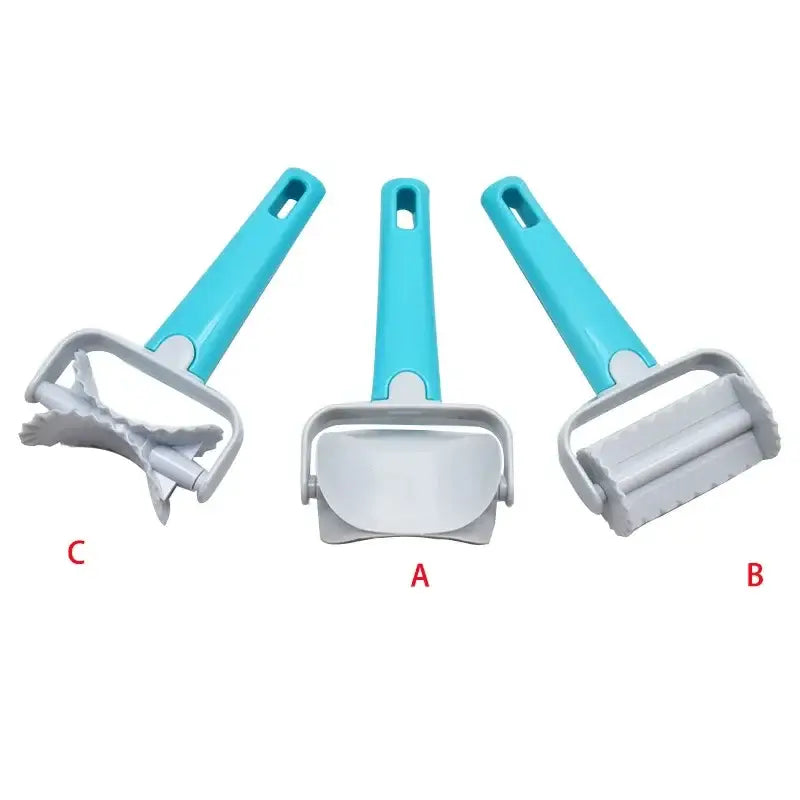 Set of three blue and gray plastic dough cutter dumpling maker tools with turquoise handles and white rolling surfaces