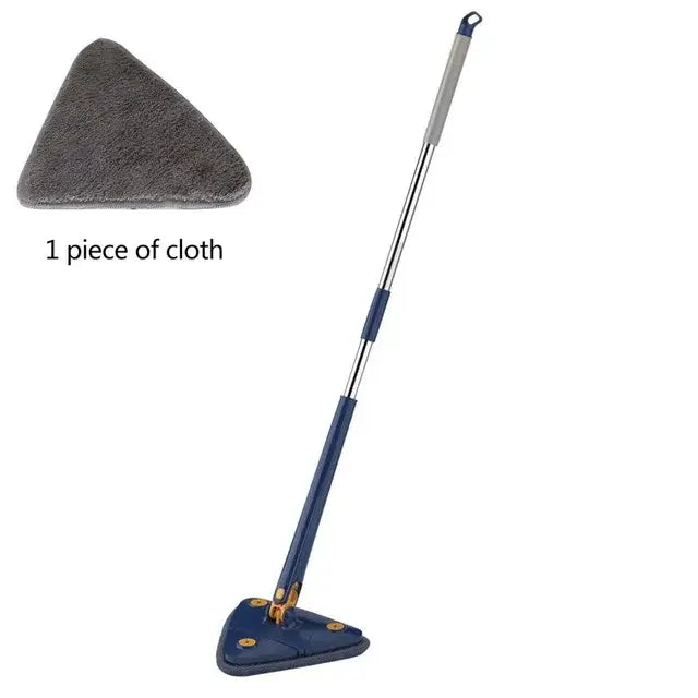 Blue and gray rotating telescopic triangle floor mop with silver and blue handle and gray microfiber cloth attachment