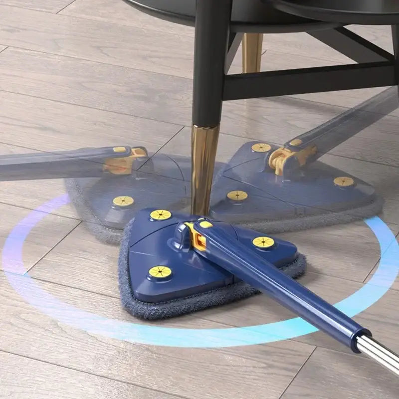 Blue and gray rotating telescopic triangle floor mop with microfiber pads and yellow accent buttons for kitchen use