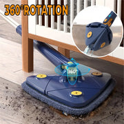 Blue and gray rotating telescopic triangle floor mop with microfiber pad and yellow circular accents for kitchen use