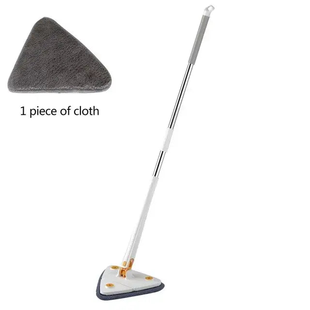 Gray microfiber mop head with a white and silver rotating telescopic triangle floor mop handle for kitchen use
