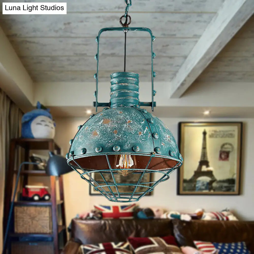 Blue-Green Wire Cage Pendant Lamp - Rustic Down Lighting with Metallic Finish for Dining Room