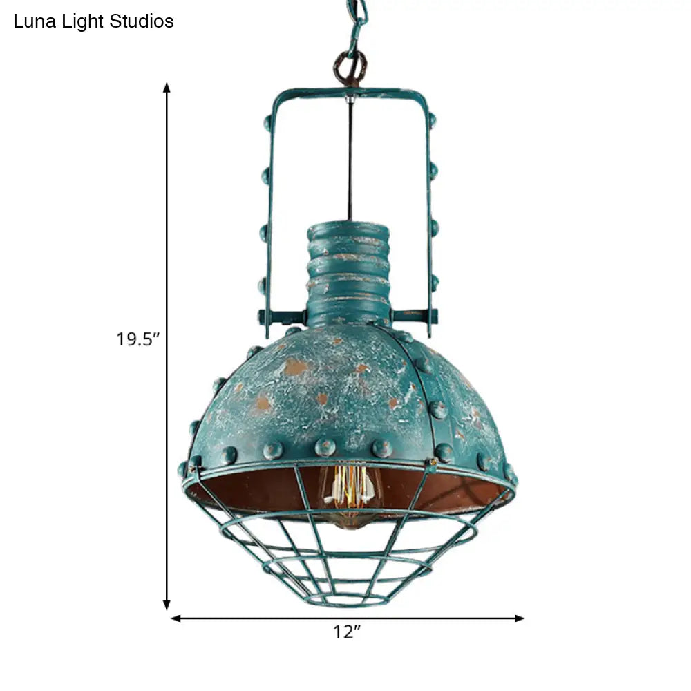 Blue-Green Wire Cage Pendant Lamp - Rustic Down Lighting with Metallic Finish for Dining Room