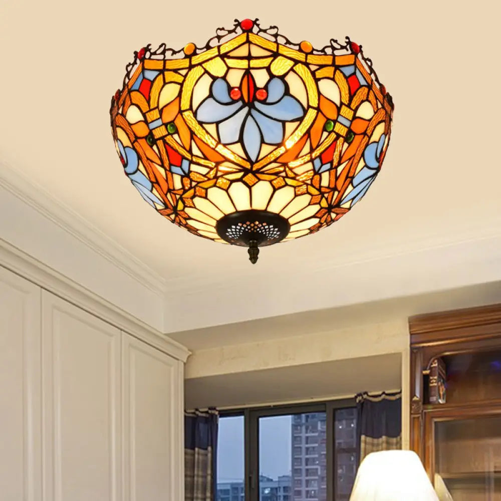 DecorBites™ DecorBites™ Blue Hand Cut Glass Ceiling Mount Light, Scalloped Baroque Design, 12"/16" Width, 2/3 Lights