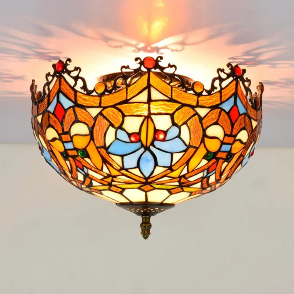 DecorBites™ DecorBites™ Blue Hand Cut Glass Ceiling Mount Light, Scalloped Baroque Design, 12"/16" Width, 2/3 Lights